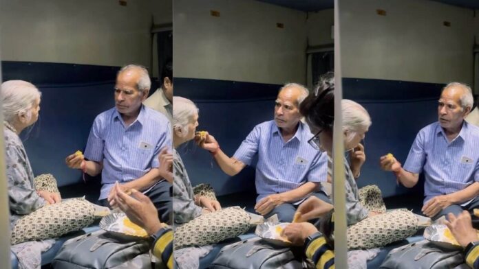 Elderly husband lovingly feeding sick old wife